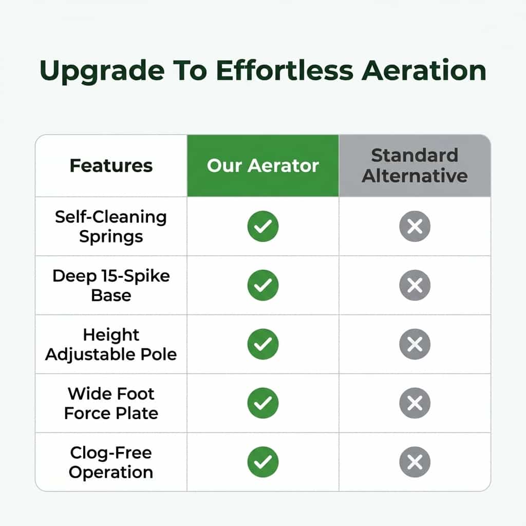 Arenzza automatic lawn aerator with self-cleaning system, shown in a comparison table with features and specifications.
