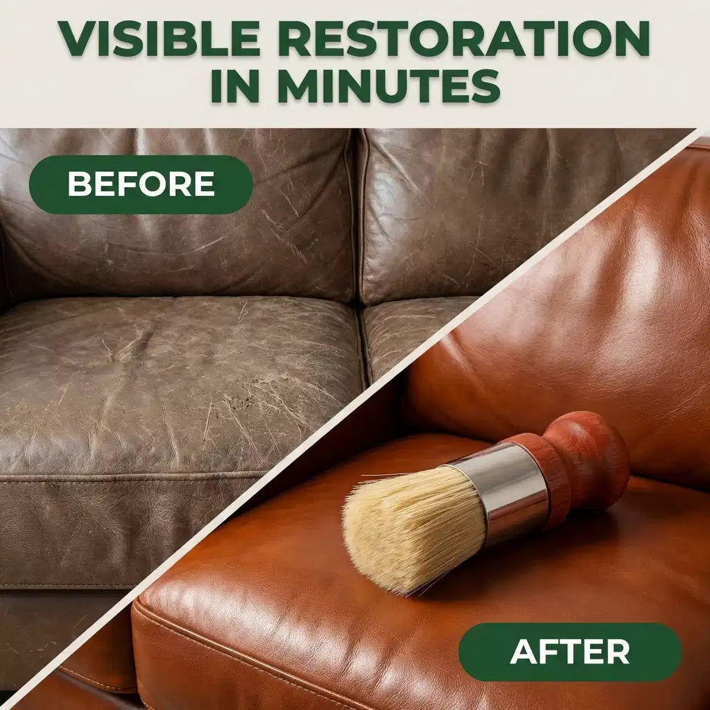Arenzza Leather Balm restoring shine and preventing cracks on leather surface, showing a smooth, polished finish.