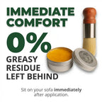 Arenzza Leather Balm container with a leather surface showing restored shine and smooth, crack-free appearance.