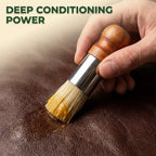 Close-up of Arenzza Leather Balm applying shine and conditioning to leather surface, preventing cracks and restoring smoothness.