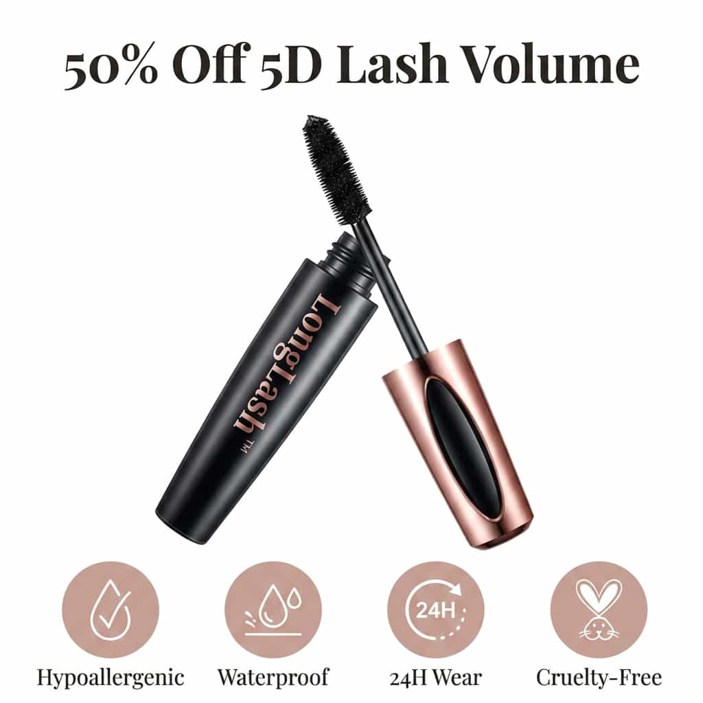 A close-up of Arenzza LongLash™ hypoallergenic 5D mascara with silk fibers showing the mascara wand and bristles.