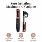 A close-up of Arenzza LongLash™ hypoallergenic 5D mascara with silk fibers applied to eyelashes, showcasing dramatic length and volume.