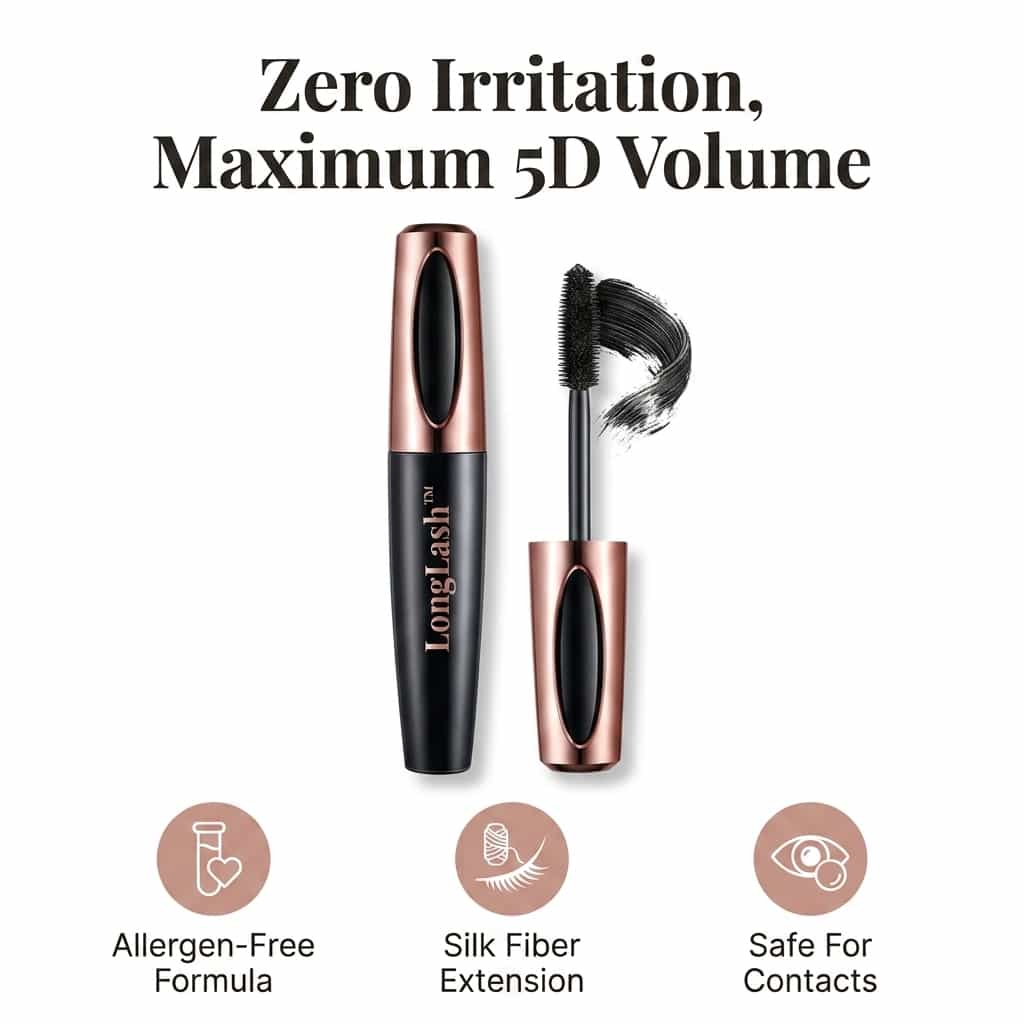 A close-up of Arenzza LongLash™ hypoallergenic 5D mascara with silk fibers applied to eyelashes, showcasing dramatic length and volume.