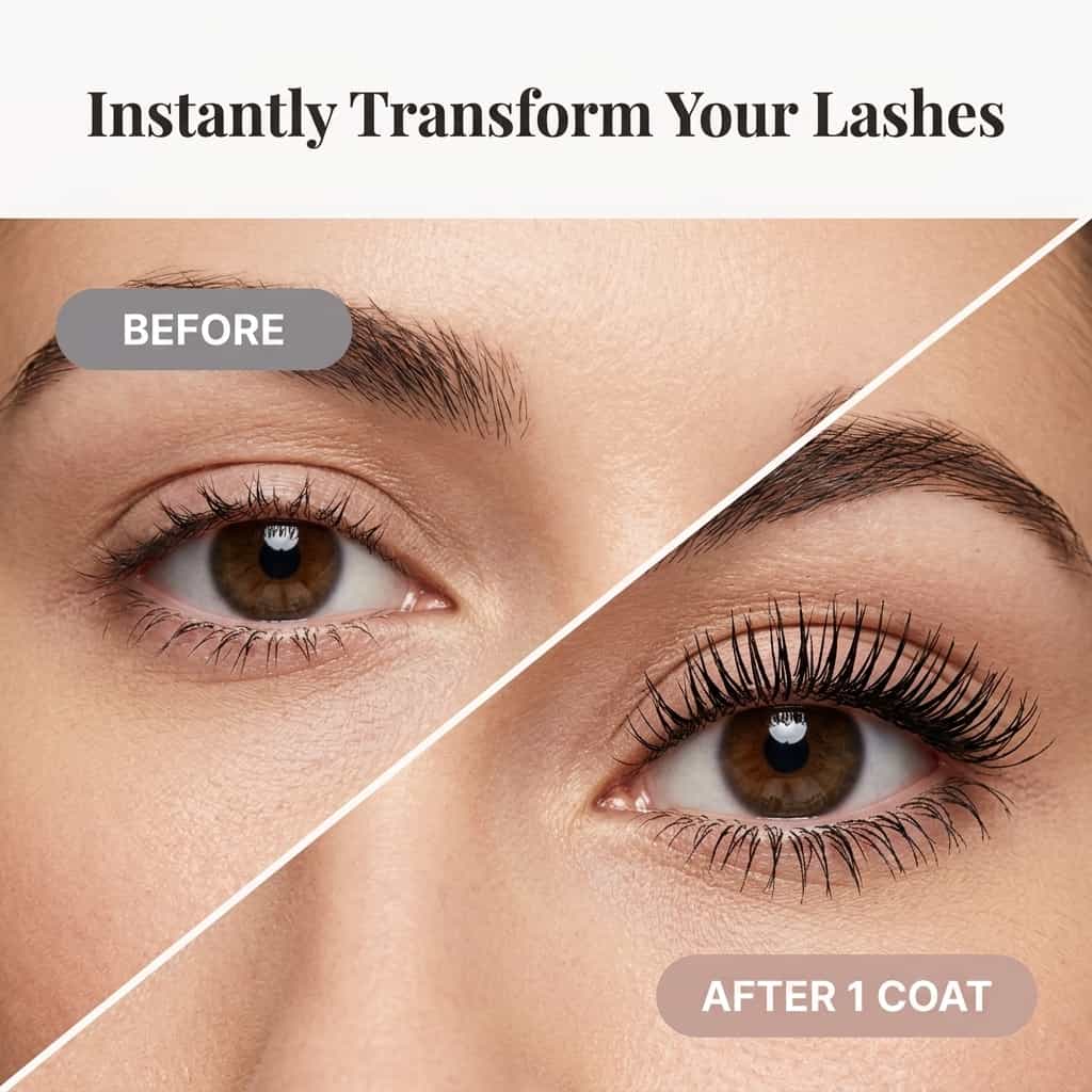 Before and after view of Arenzza LongLash™ hypoallergenic 5D mascara with silk fibers enhancing eyelash length and volume.