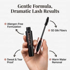 A close-up of LongLash™ Arenzza hypoallergenic 5D mascara with silk fibers highlighting five benefits with arrow callouts.