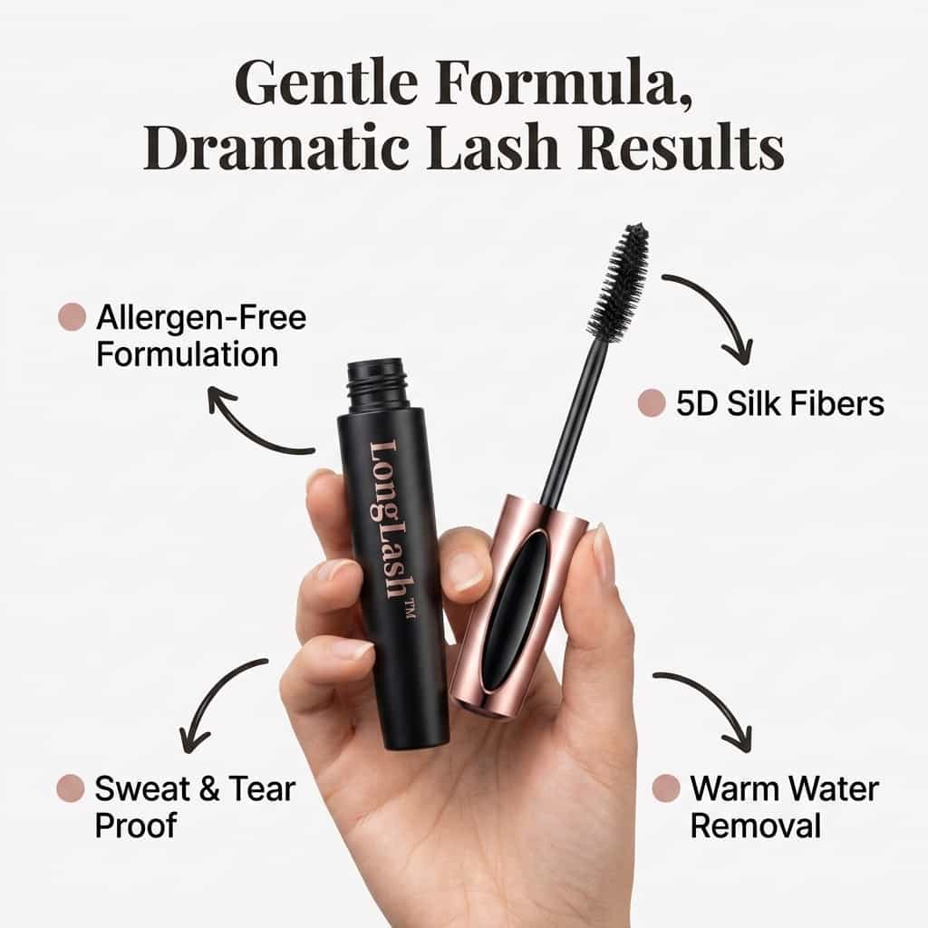 A close-up of LongLash™ Arenzza hypoallergenic 5D mascara with silk fibers highlighting five benefits with arrow callouts.