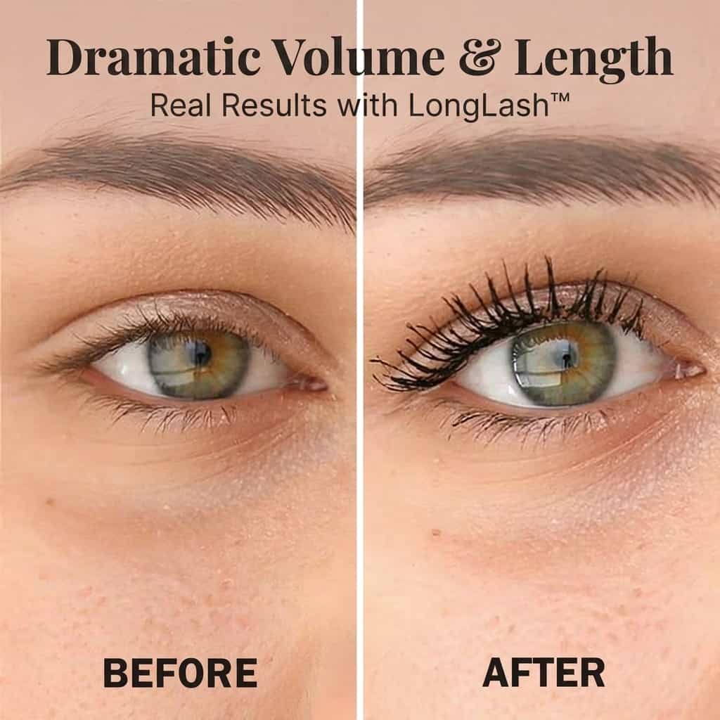 Arenzza LongLash™ hypoallergenic 5D mascara with silk fibers applied on eyelashes, showcasing length and volume.