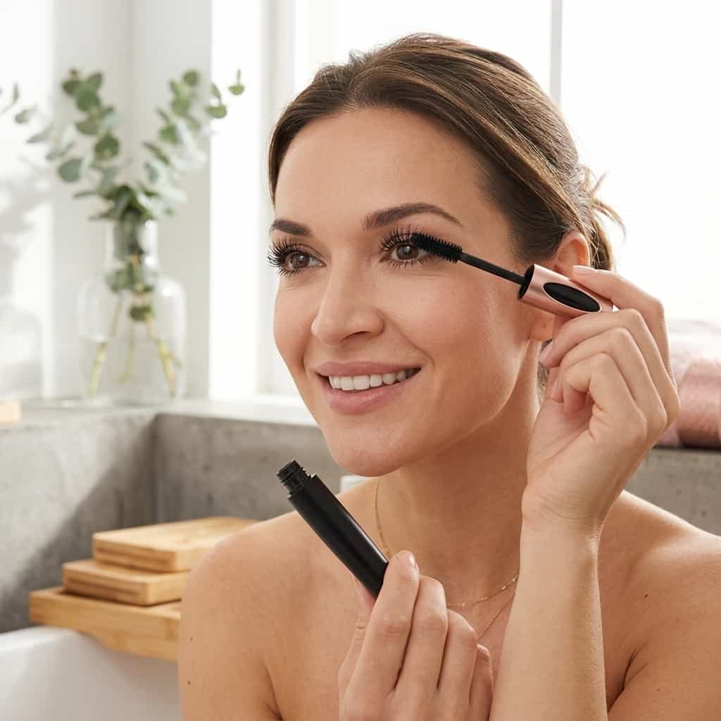 A woman applying LongLash™ Hypoallergenic 5D Mascara with silk fibers by Arenzza, showcasing long, volumized lashes in a lifestyle scene.