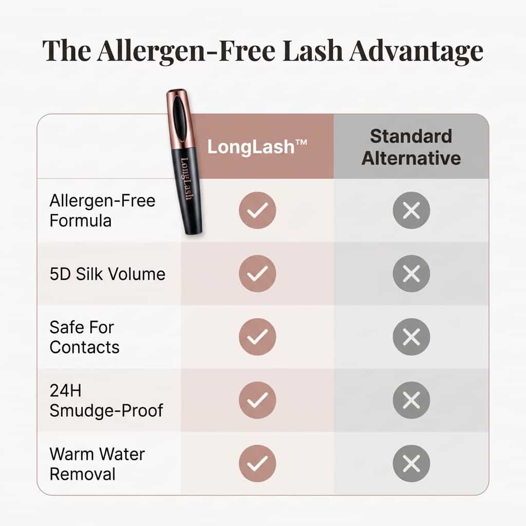 A close-up of Arenzza LongLash™ hypoallergenic 5D mascara with silk fibers on a model's eyelashes, showcasing length and volume.