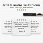 A close-up of Arenzza LongLash™ hypoallergenic 5D mascara with silk fibers on a social proof wall display.