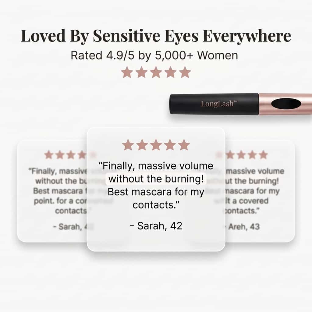 A close-up of Arenzza LongLash™ hypoallergenic 5D mascara with silk fibers on a social proof wall display.