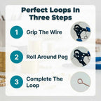 Arenzza LoopLuxe jewelry loops in three steps, showing a hand using the tool to create perfect jewelry loops quickly and easily.