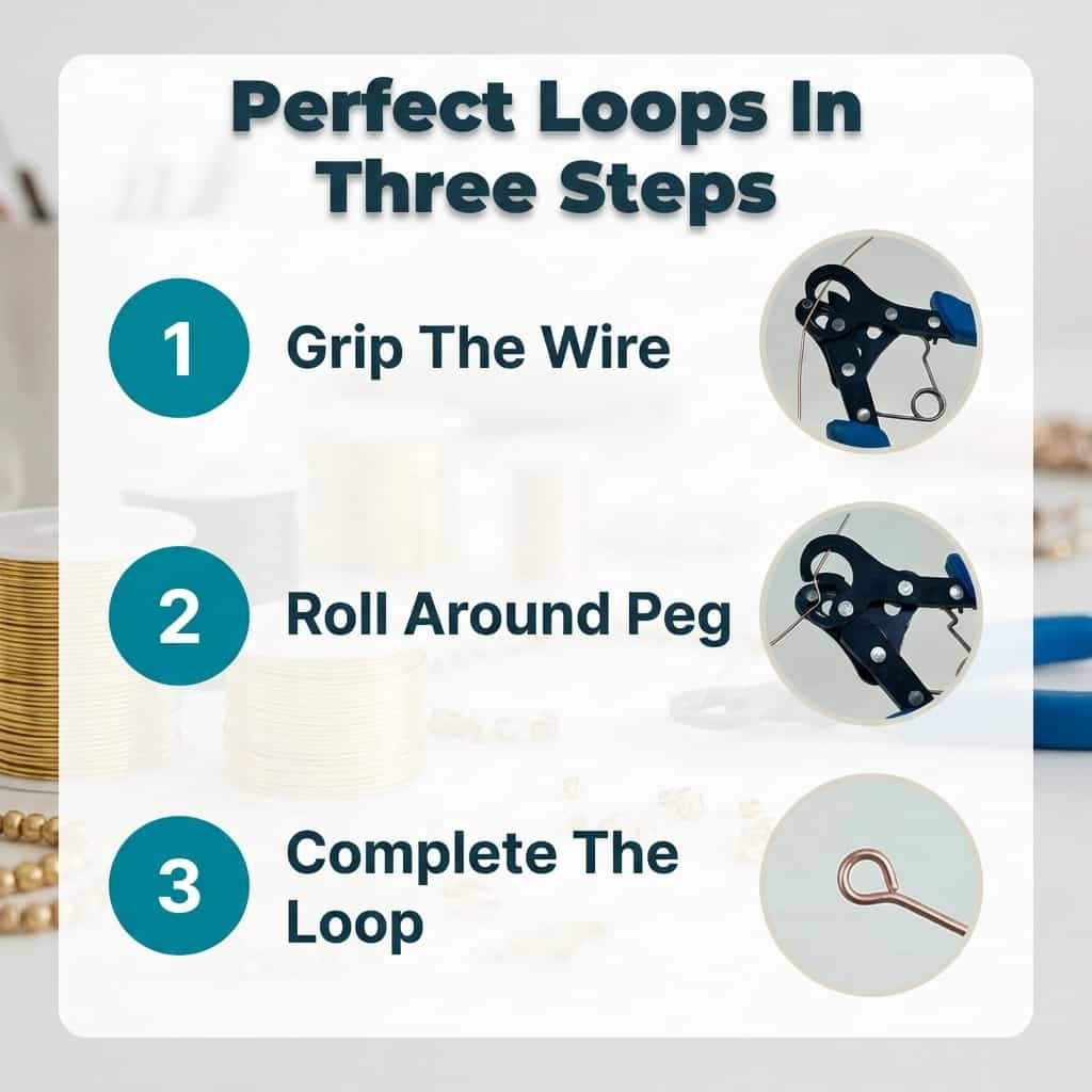Arenzza LoopLuxe jewelry loops in three steps, showing a hand using the tool to create perfect jewelry loops quickly and easily.