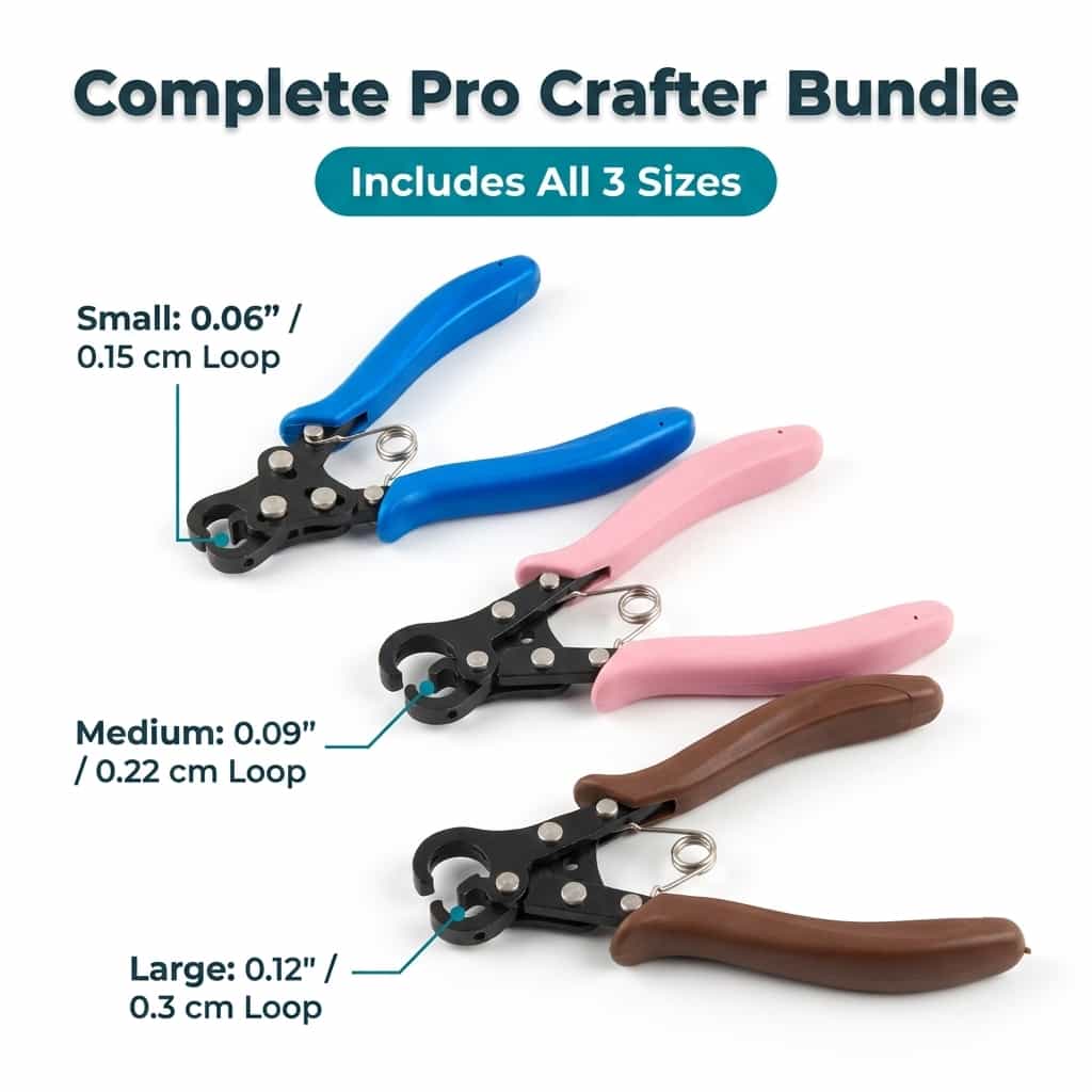 A bundle of Arenzza LoopLuxe jewelry loops in various sizes, neatly arranged with tools for creating jewelry quickly and easily.