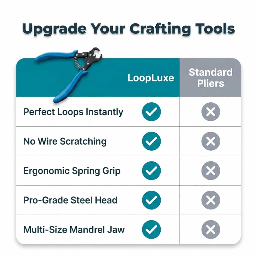 Comparison table showing Arenzza LoopLuxe jewelry loops in seconds, highlighting ease of use and quick jewelry assembly.
