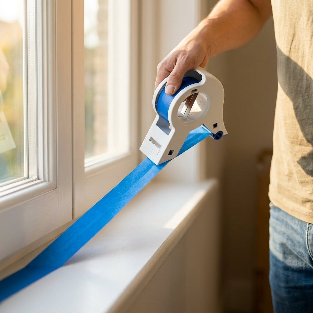 Arenzza masking tape applicator tool in use, demonstrating precision for DIY painting and taping projects on a workspace.