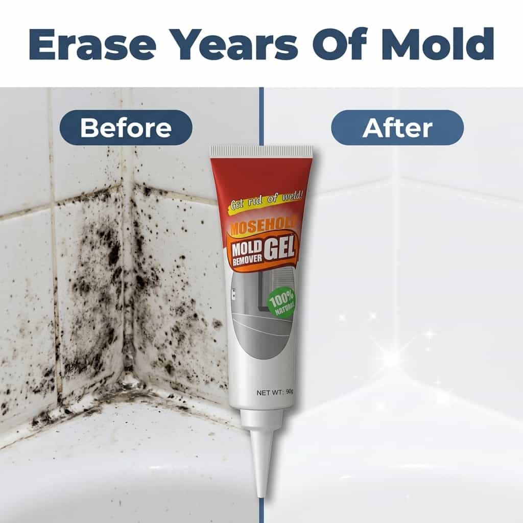 Before and after images showing Arenzza MoldClear™ fast black mold removal on a wall surface.