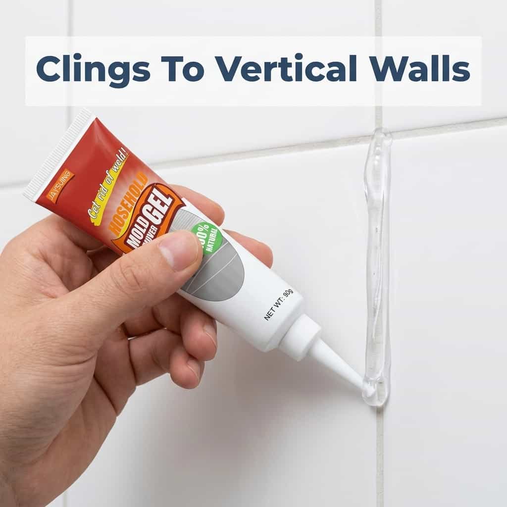 Close-up of Arenzza MoldClear™ fast black mold removal spray acting on mold surface with visible foam and application details.