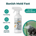 Arenzza MoldClear™ fast, non-toxic mold remover spray bottle, showing the product label and spray nozzle on a clean surface.