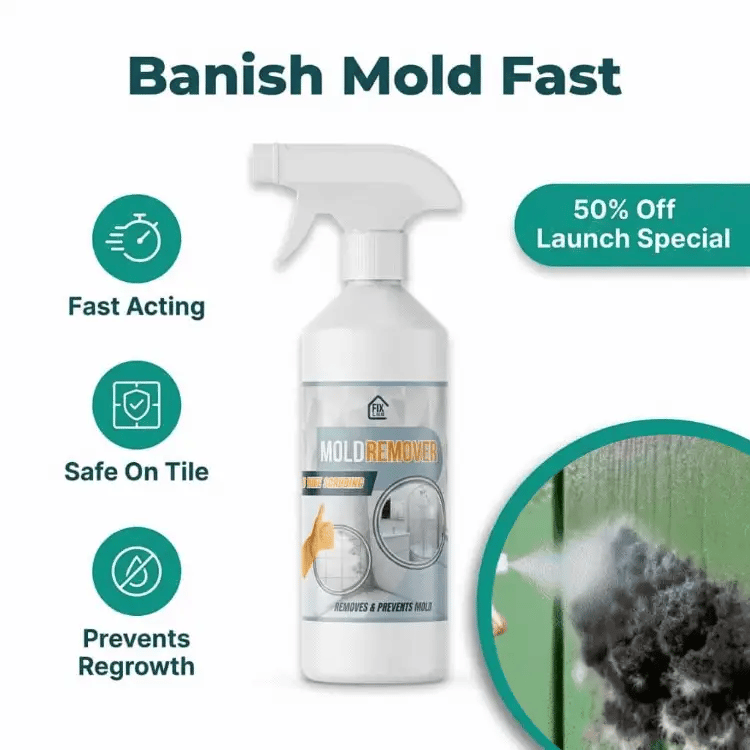 Arenzza MoldClear™ fast, non-toxic mold remover spray bottle, showing the product label and spray nozzle on a clean surface.