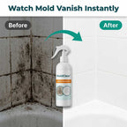 A before and after split image showing Arenzza MoldClear™ fast, non-toxic mold remover transforming moldy surfaces.