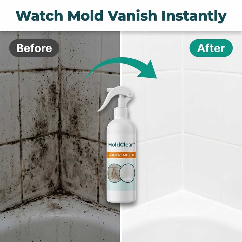 A before and after split image showing Arenzza MoldClear™ fast, non-toxic mold remover transforming moldy surfaces.