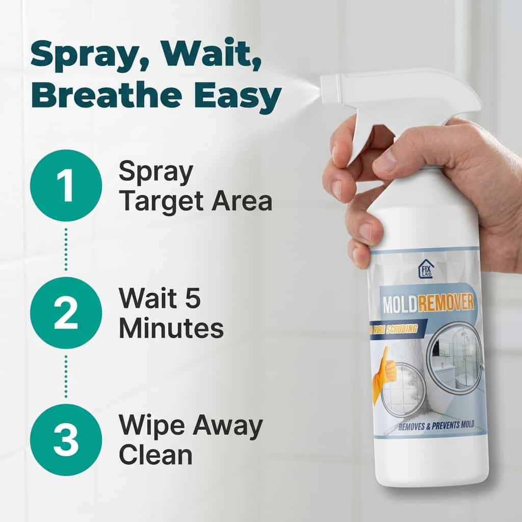 A step-by-step guide image for Arenzza MoldClear™ fast, non-toxic mold remover application process with seven numbered steps.