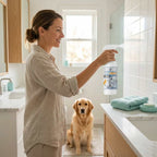 A person cleaning a moldy bathroom wall with MoldClear™ non-toxic mold remover by Arenzza, demonstrating effective mold removal.