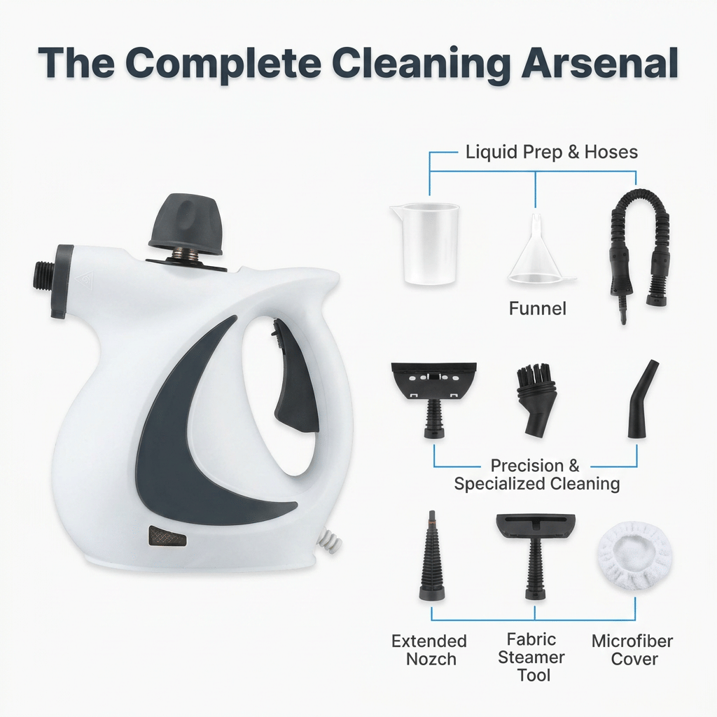 Arenzza multipurpose steam cleaner bundle with various attachments for professional degreasing and cleaning tasks.