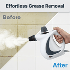 Arenzza multipurpose steam cleaner showing before and after cleaning surfaces with professional degreasing power.