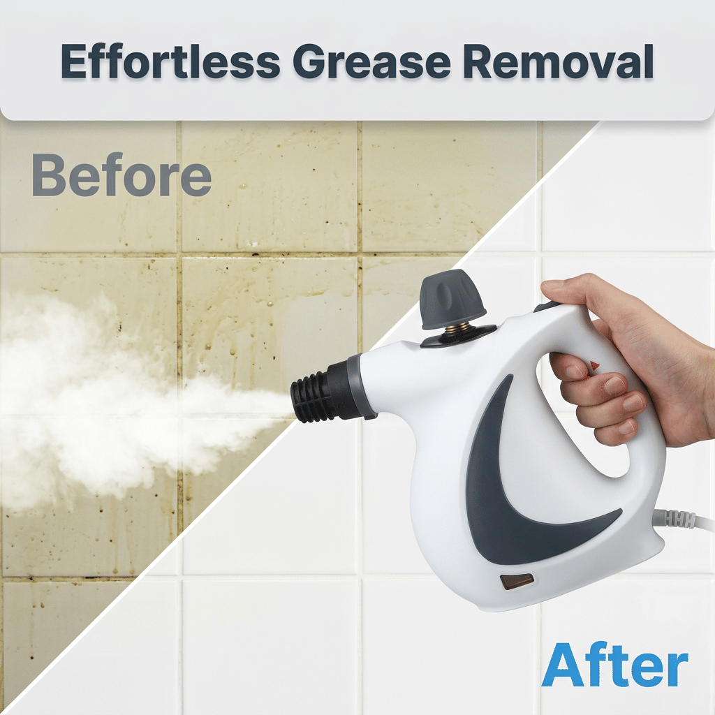 Arenzza multipurpose steam cleaner showing before and after cleaning surfaces with professional degreasing power.