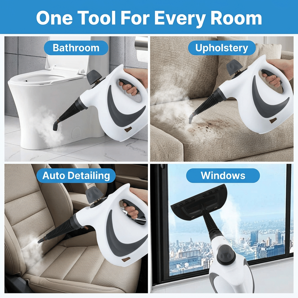 Arenzza multipurpose steam cleaner with multiple cleaning panels, showing its professional degreasing power for versatile cleaning tasks.