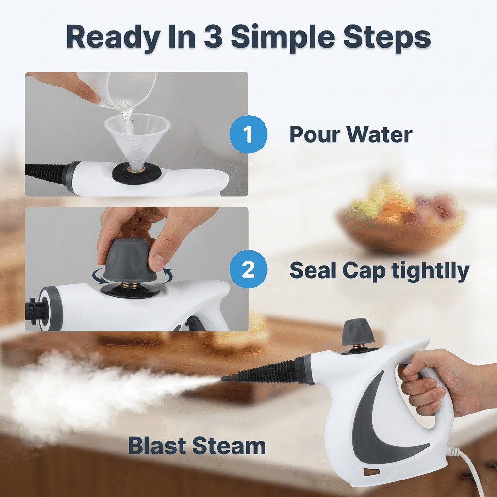 Arenzza multipurpose steam cleaner showing nine-step cleaning process with steam nozzle, cleaning surfaces effectively without chemicals.