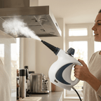 Arenzza multipurpose steam cleaner in use, demonstrating professional degreasing power on kitchen surfaces and appliances.