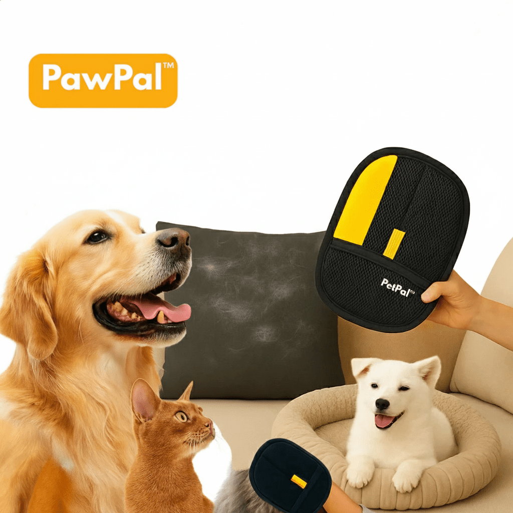 Aarenza PawPal™ Pet Cleaning Glove, a soft glove with rubber nubs for gentle pet fur and hair removal, shown on a pet's coat.