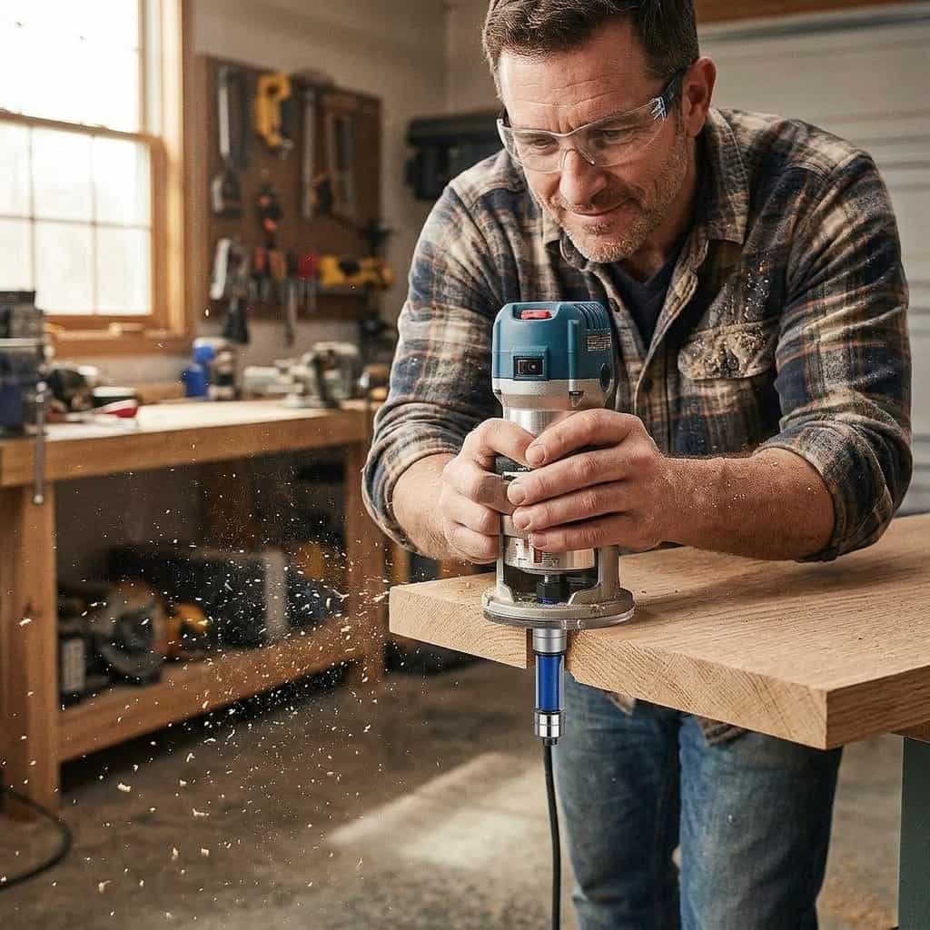Aarenza PerfectEdge™ precision deburring set with four tools, displayed on a workbench in a professional workshop setting.