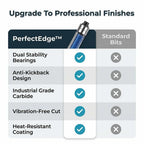 Aarenzza PerfectEdge™ Precision Deburring Set with four tools arranged in a comparison table, showcasing different sizes and finishes.