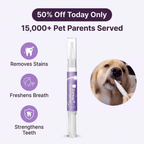 Arenzza Pet Dental Care Gel for tartar removal, showing a tube of brush-free dental gel and a dog’s teeth in a close-up image.