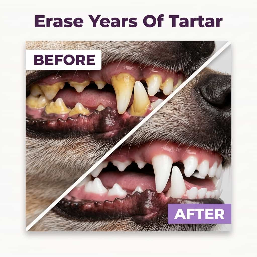 Arenzza pet dental care gel showing a split image of teeth before and after tartar removal without brushing.