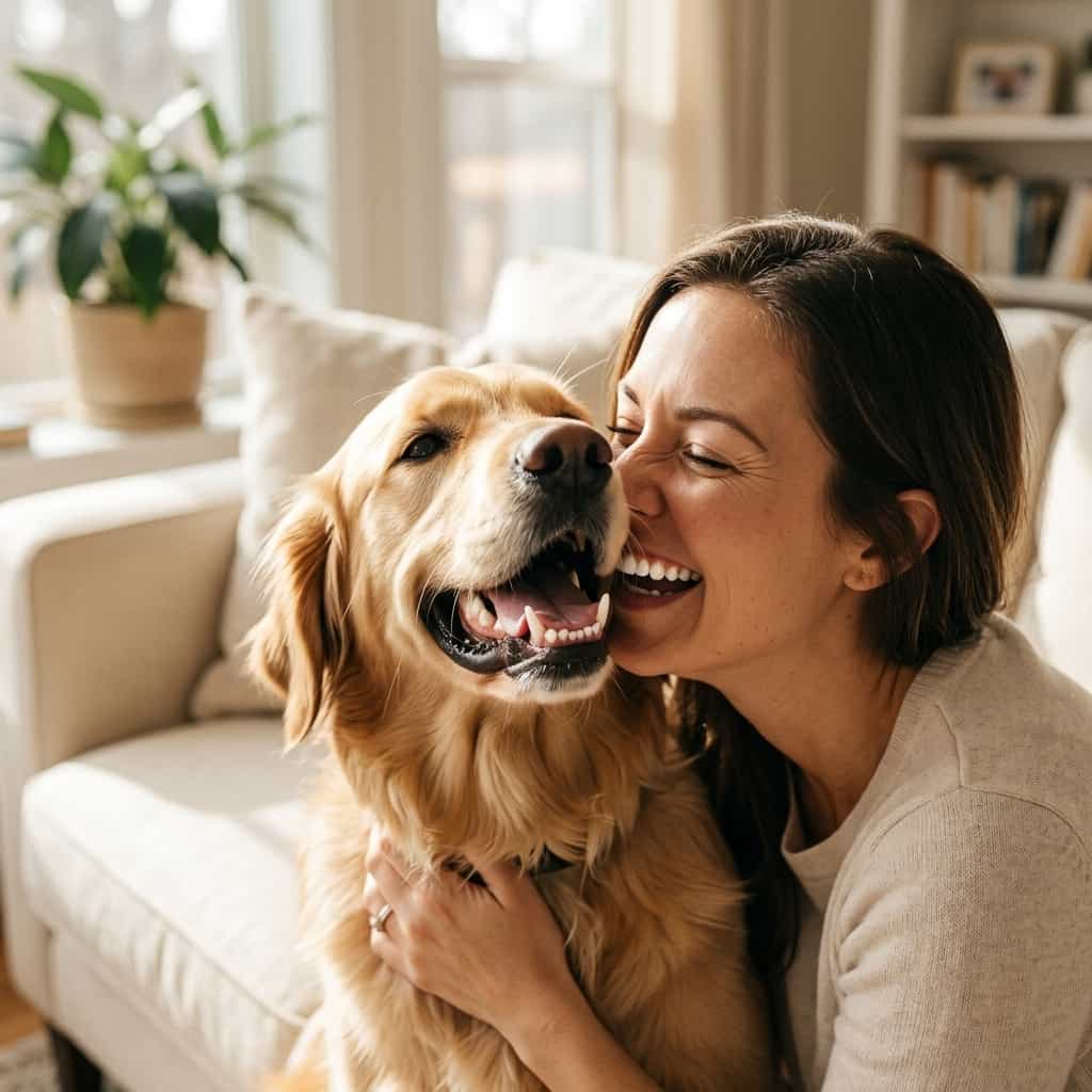 Arenzza Pet Dental Care Gel in a tube, shown in a lifestyle scene with a pet and owner, highlighting tartar removal and brush-free formula.