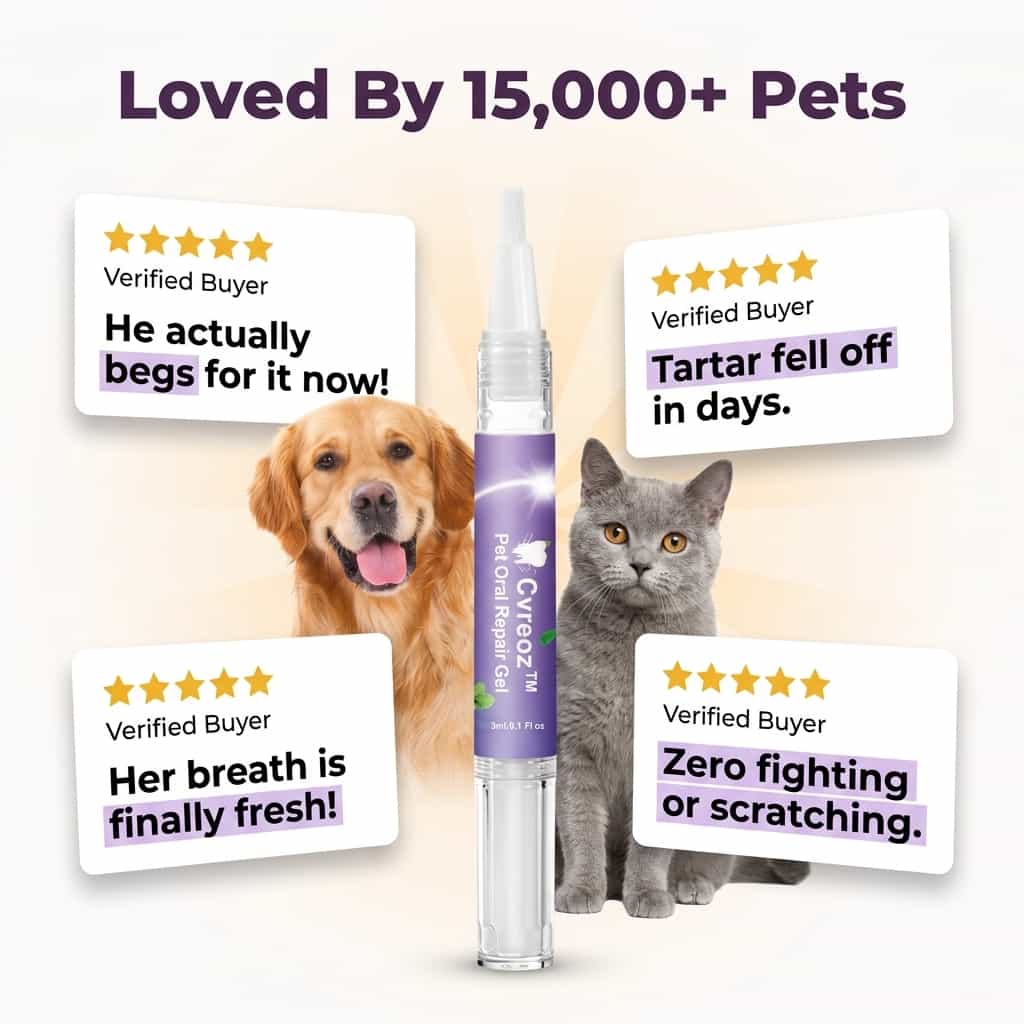 Arenzza Pet Dental Care Gel for tartar removal, featuring a brush-free design, shown on a clean surface with dental tools.