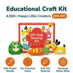 A child's hands sewing with the PlayCraft™ DIY craft kit for kids by Arenzza, featuring colorful fabric and sewing tools.
