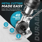 Arenzza PowerCut™ electric drill metal cutter attachment attached to a drill for precise metal cutting.