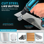 Arenzza PowerCut™ electric drill metal cutter attachment shown attached to a drill, designed for precise metal cutting tasks.