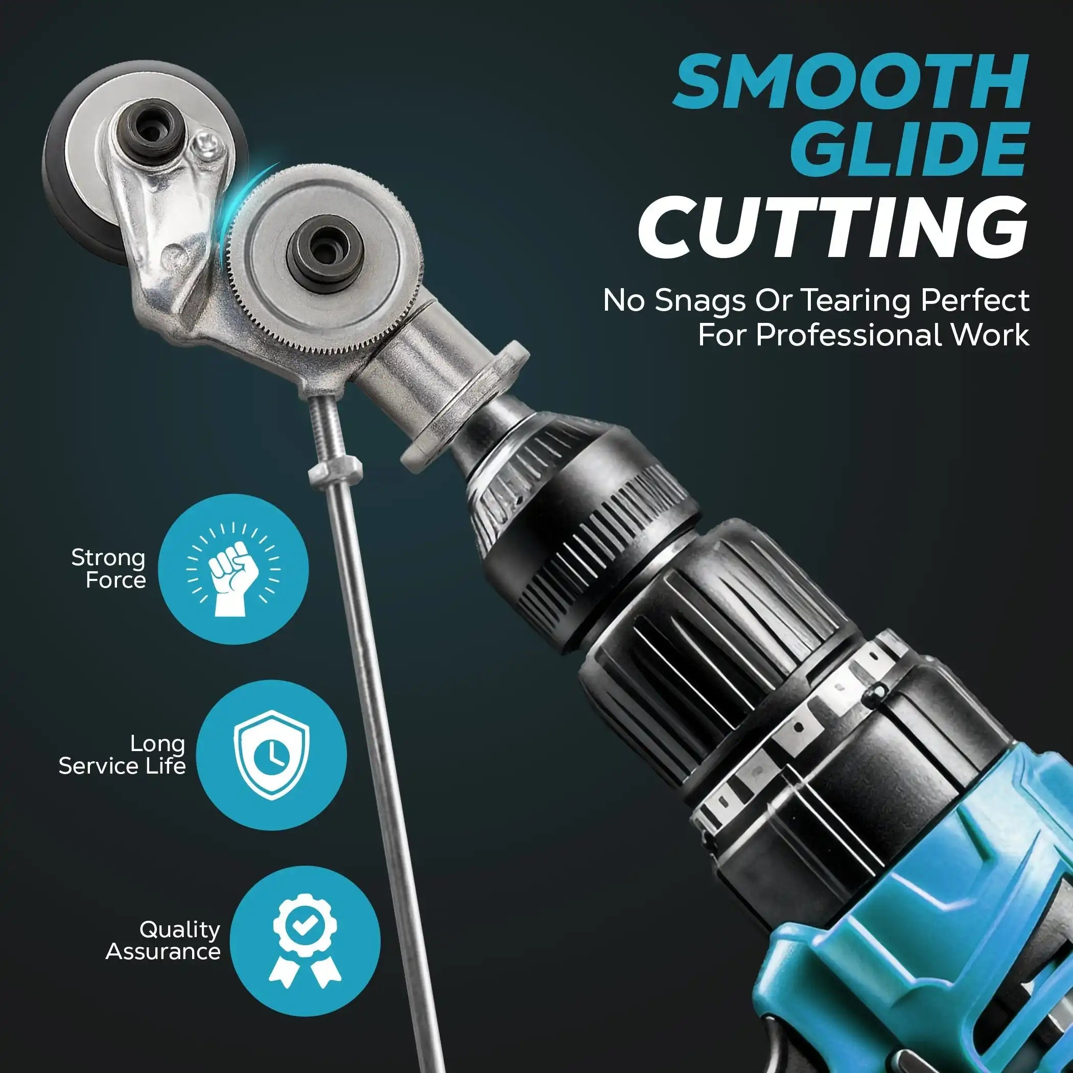Arenzza PowerCut™ electric drill metal cutter attachment mounted on a drill, ready for cutting metal with a compact design.