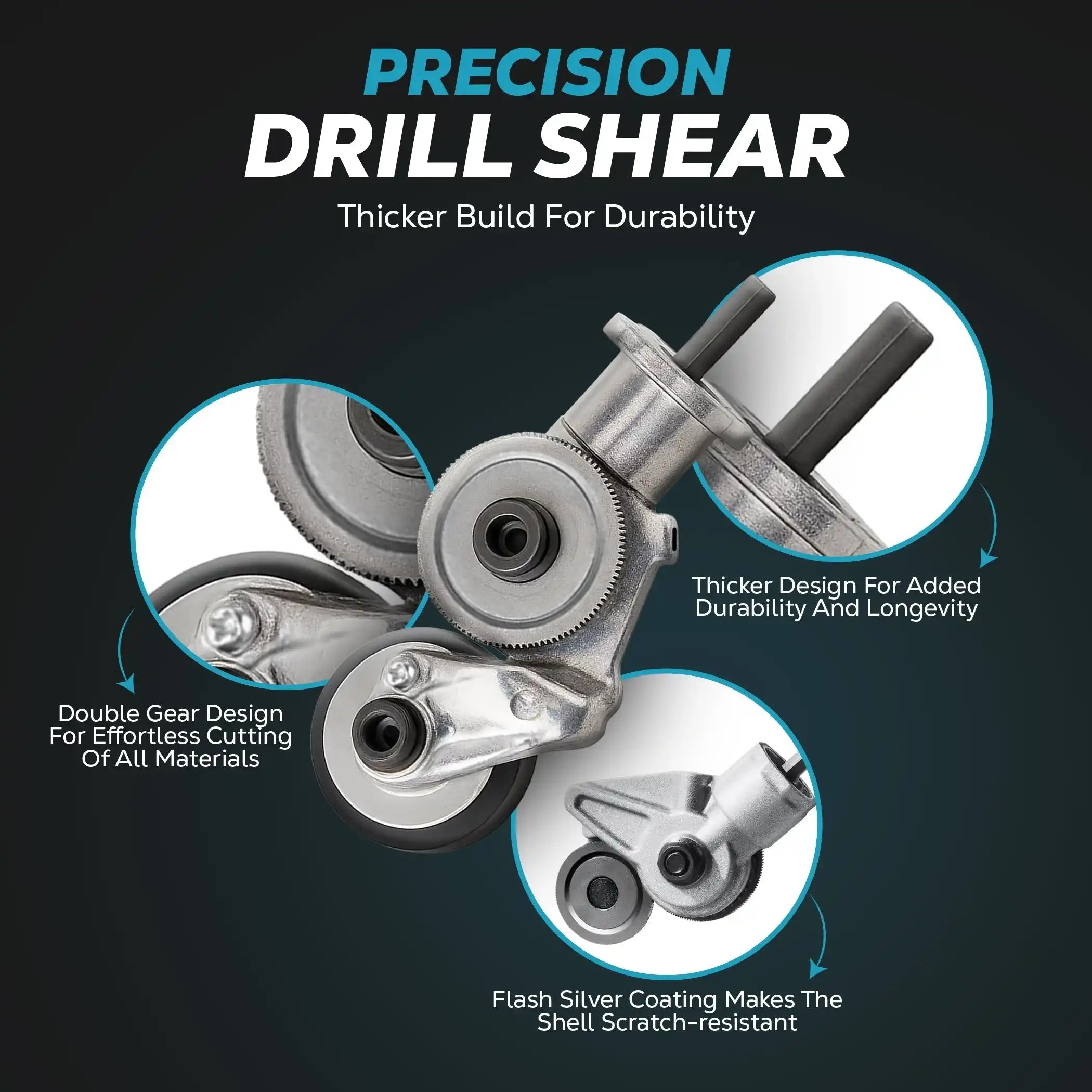 Arenzza PowerCut™ electric drill metal cutter attachment shown mounted on a drill, ready for cutting metal materials.
