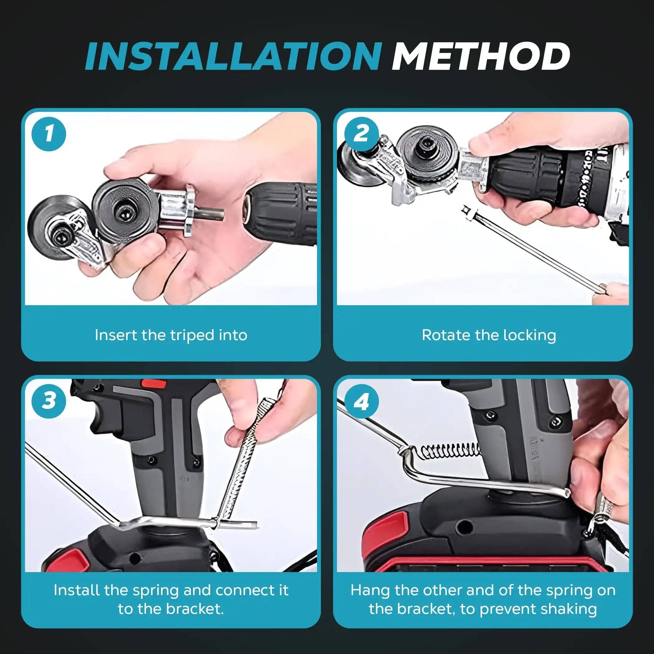 Arenzza PowerCut™ electric drill metal cutter attachment mounted on a drill, showing its cutting blade and metal cutting capabilities.