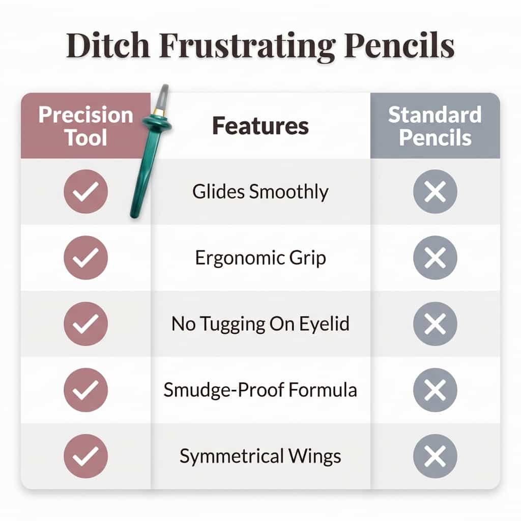 Arenzza Precision Eyeliner Drawing Tool with four comparison images showing easy winged eyeliner application for beginners.