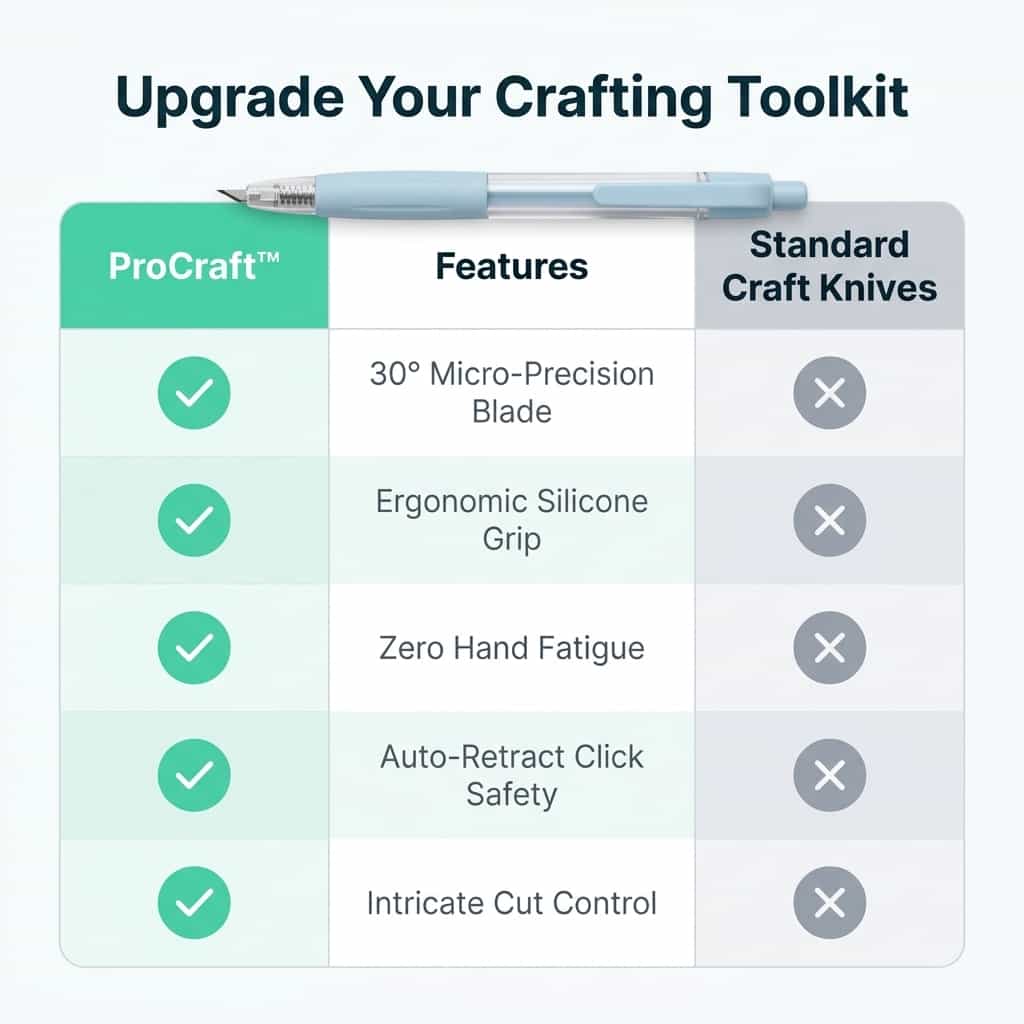 Aarenza ProCraft™ precision cutting tools shown in a comparison table, highlighting effortless design for flawless artistic results.