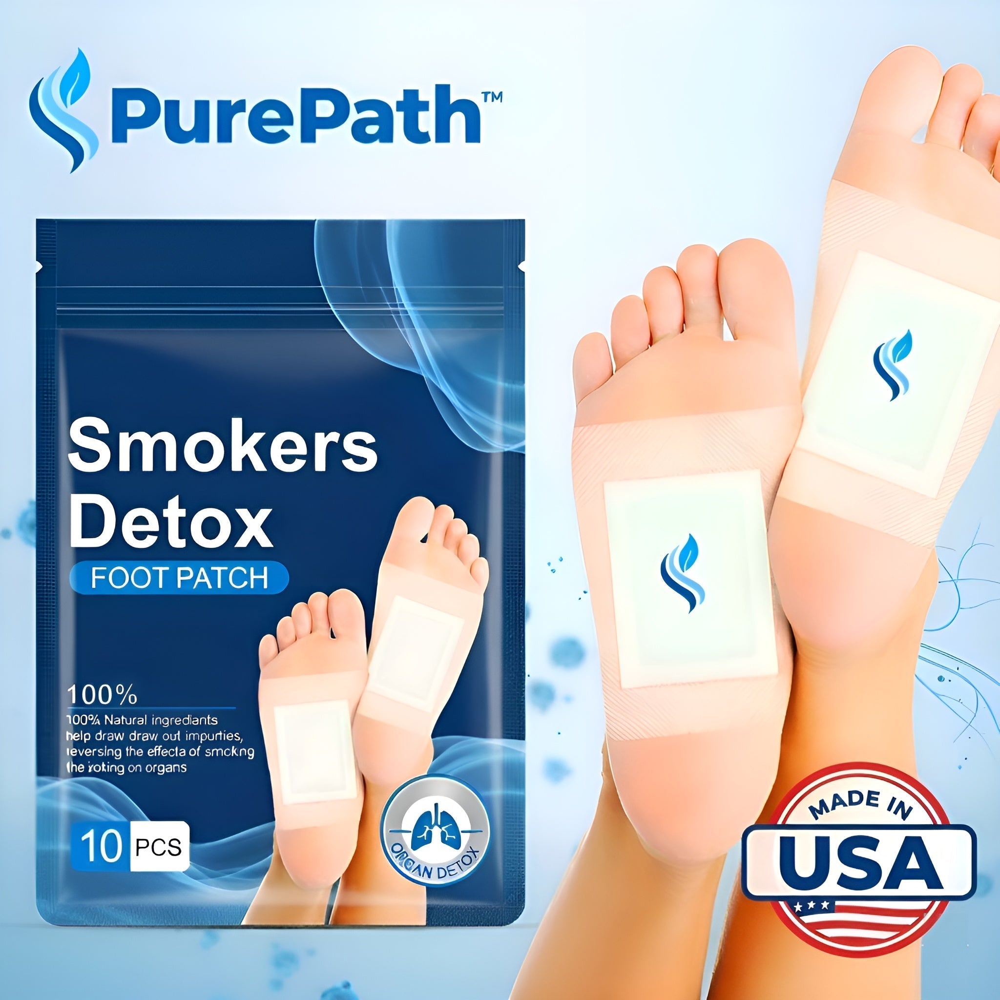 A close-up of Arenzza PurePath™ Smoker's Detox Patches applied to skin for cleansing purposes.
